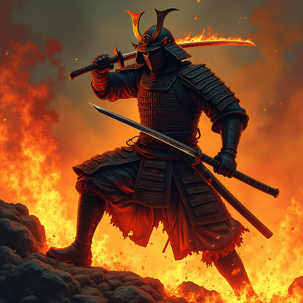 Fiery Samurai Warrior in Comic Book Style