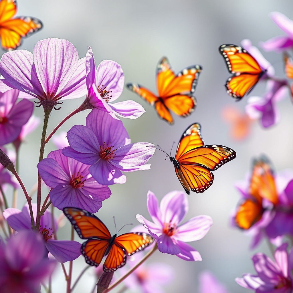 Watercolor Purple Flowers and Butterflies