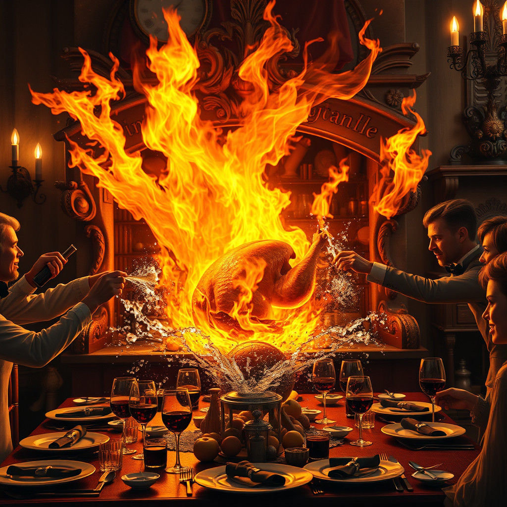 Fantasy Feast in Flames: Surreal Kitchen Scene in Matte Pain...