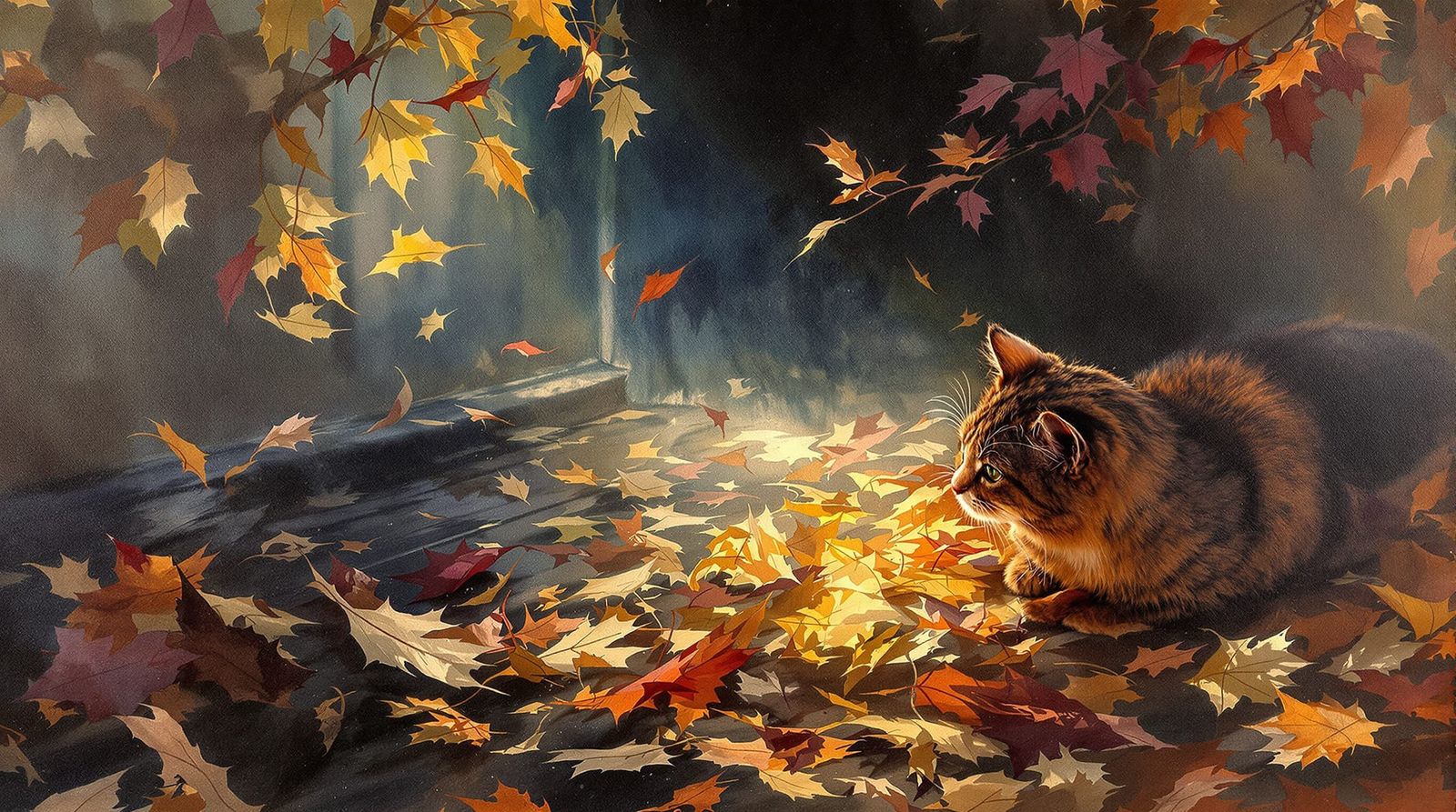 Vibrant Surreal Cat Playing in Autumn Leaves Bromoil Print