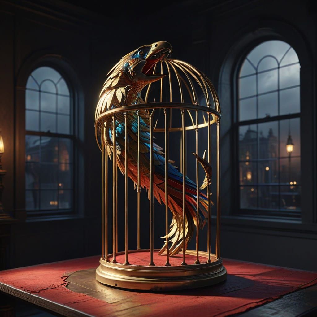 Surreal Golden Raptor Claw Birdcage Sculpture