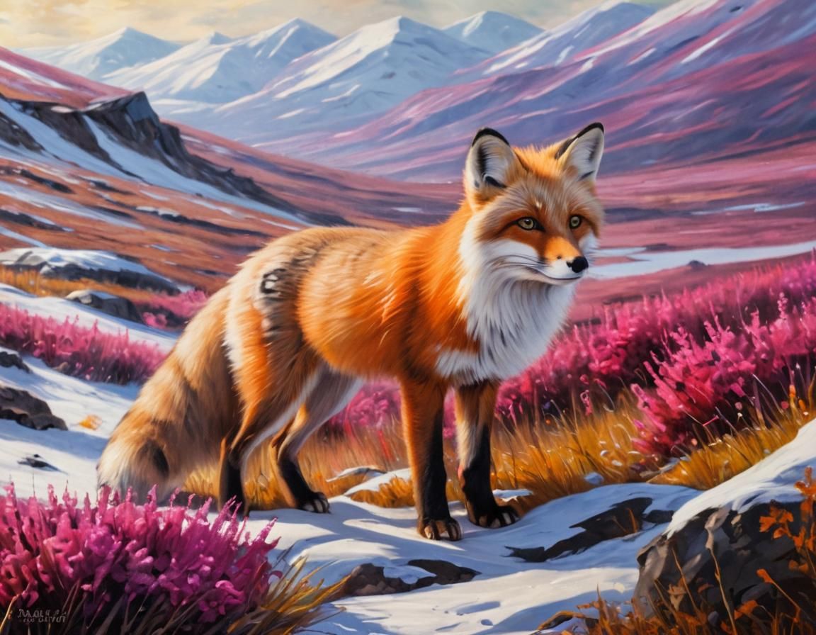 Arctic Fox in Vibrant Landscape Oil Painting