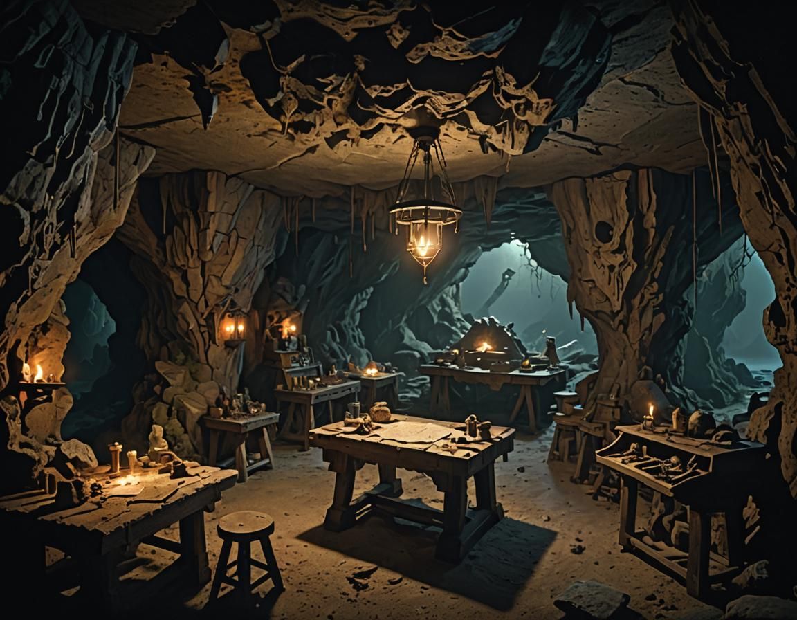 Medieval Cliffside Cave Fortress with Bioluminescent Fungi