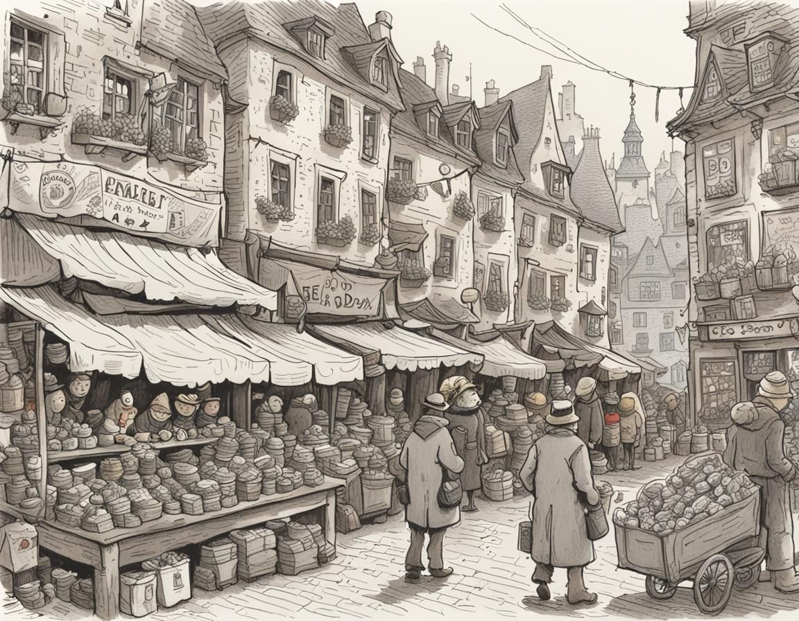 Cozy Old Town Market Day in Doodle Style