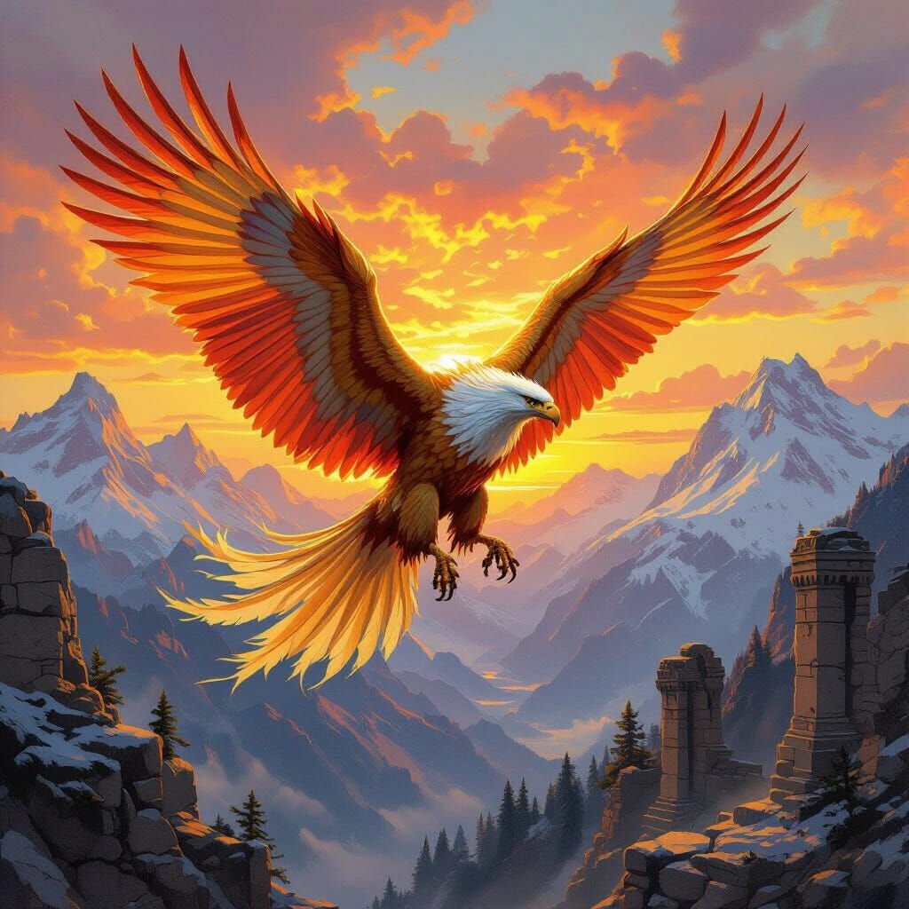 Golden Griffin Soaring Through Sunset Sky as Oil Painting