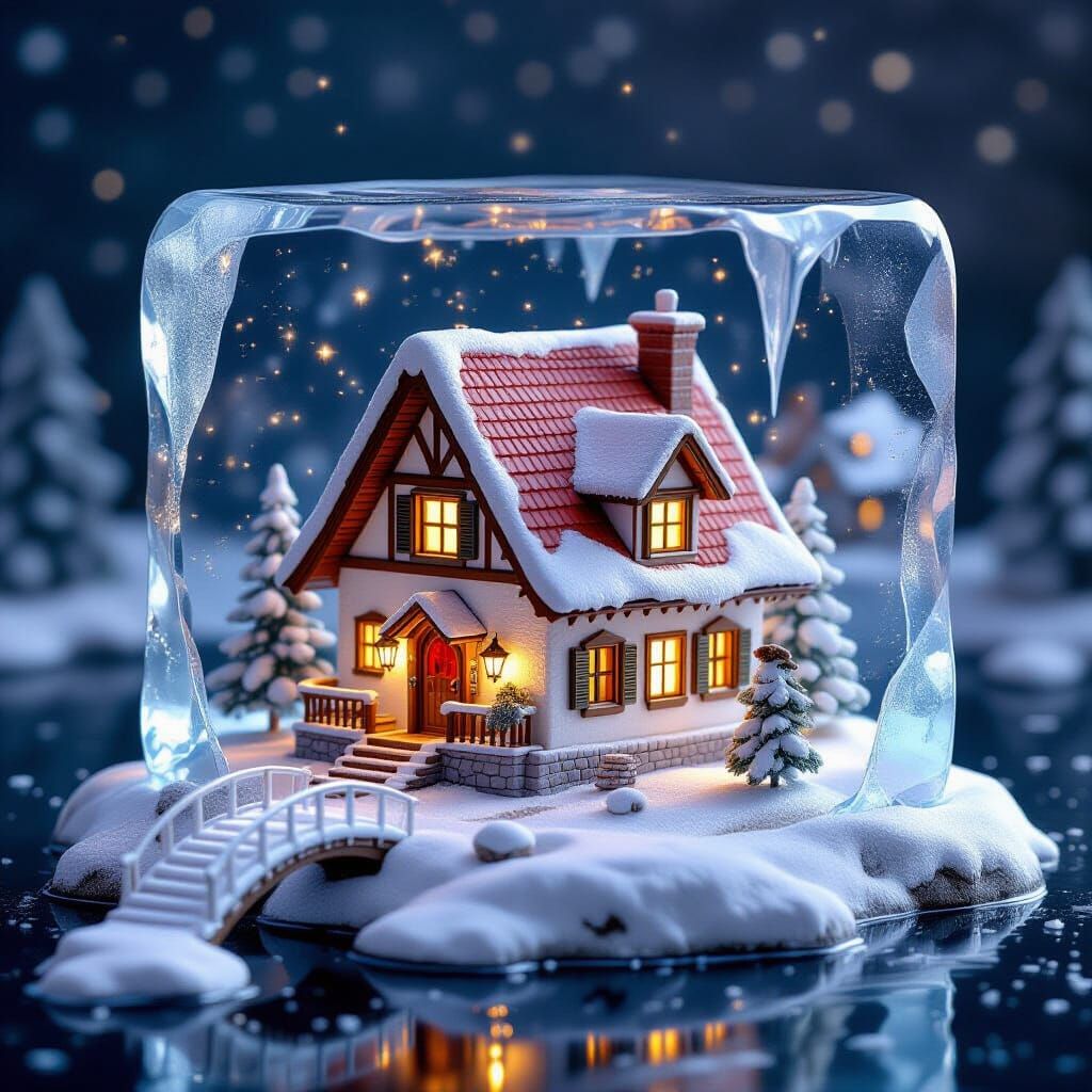 Whimsical Winter Village Centerpiece in Ice Block