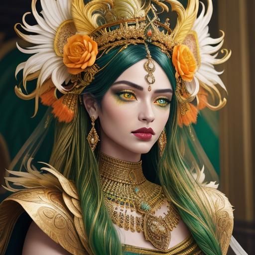Golden Woman with Peacock Feathers in Digital Art