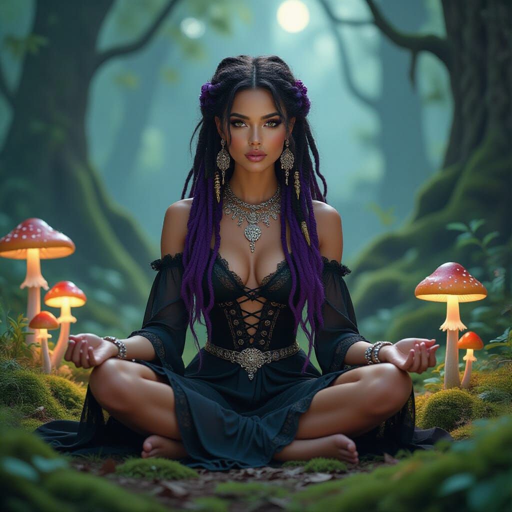 Mystical Witch in Forest with Glowing Mushrooms, in Art Nouv...