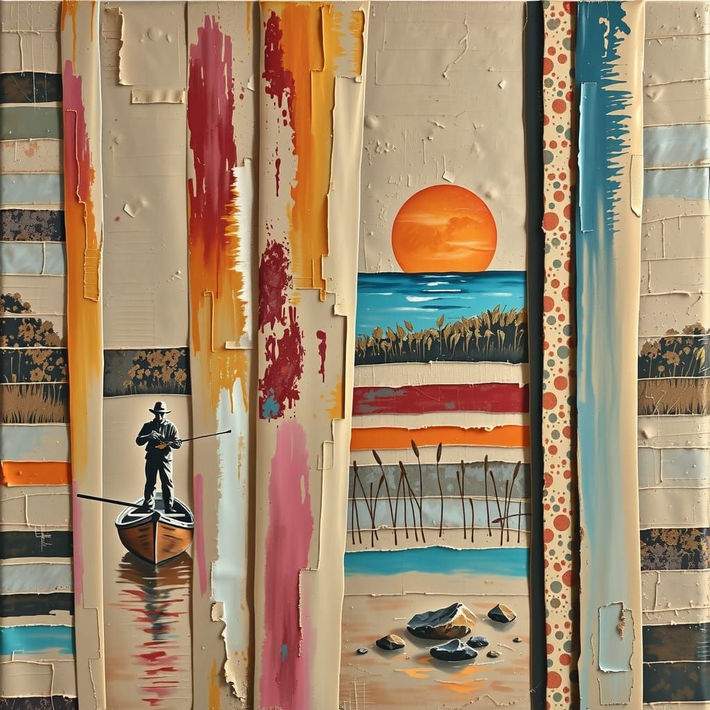 Vibrant Sunset Scene with Impasto Texture and Surreal Elemen...