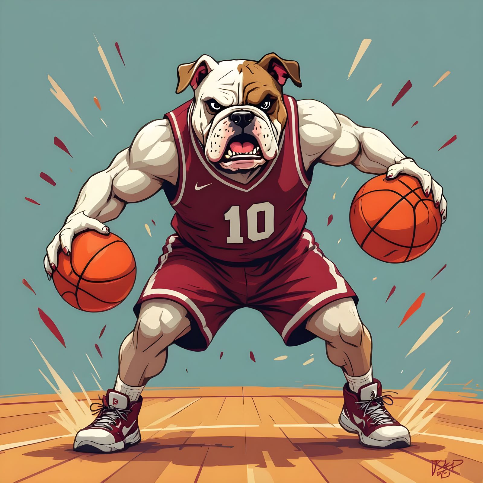 Muscled Bulldog Plays Basketball in Maroon and Gray
