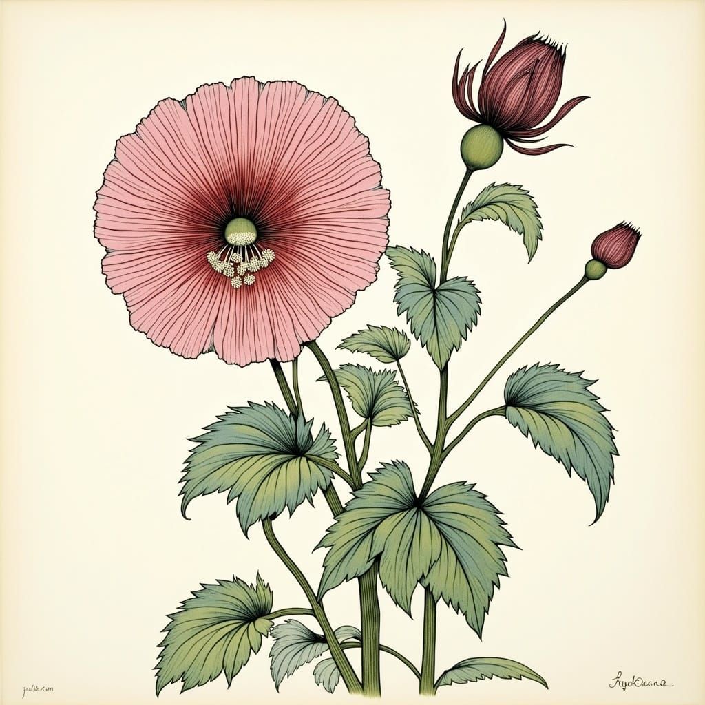 Enchanted Hollyhock Blossom Illustration