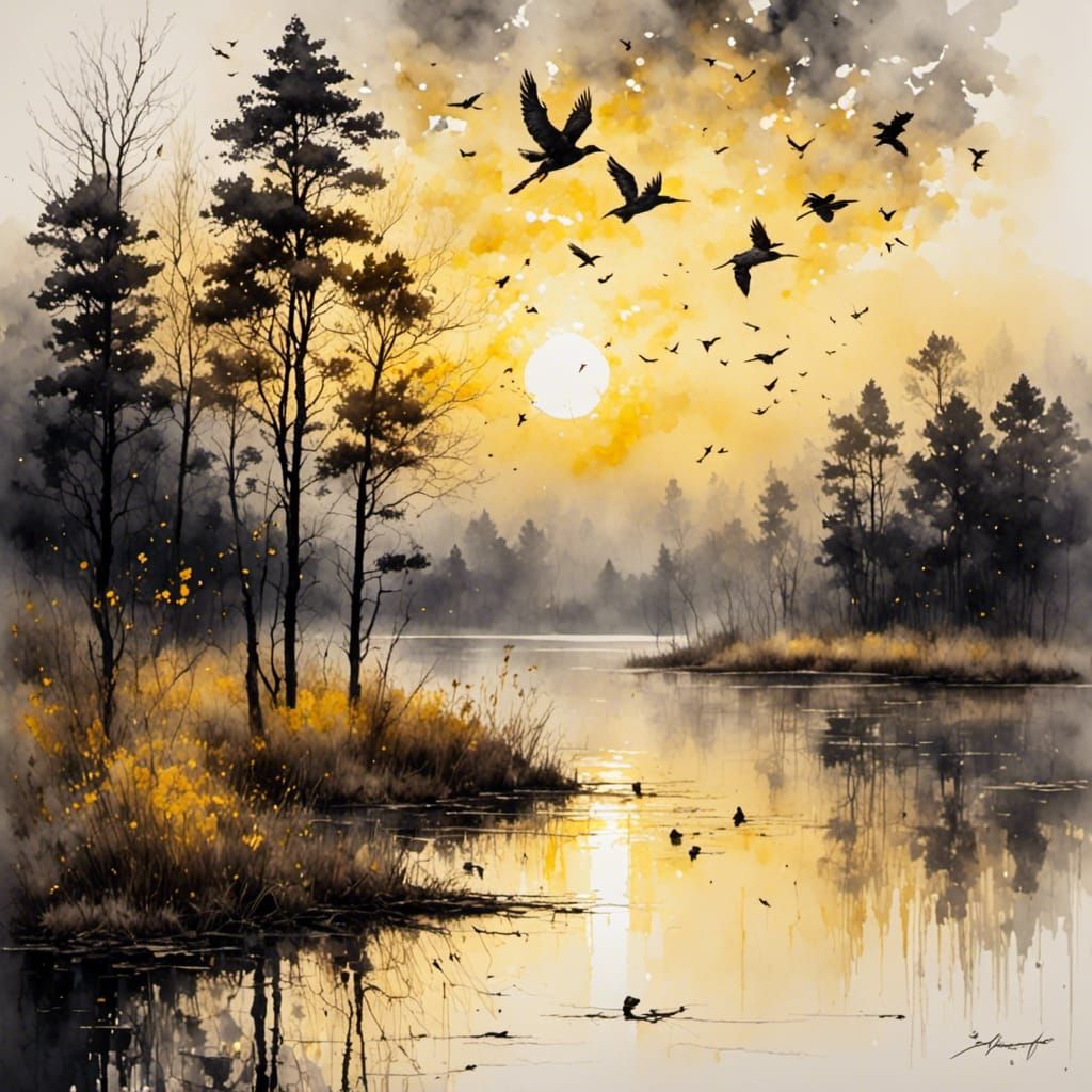 Dawn Over Lake in Antique Watercolor Style