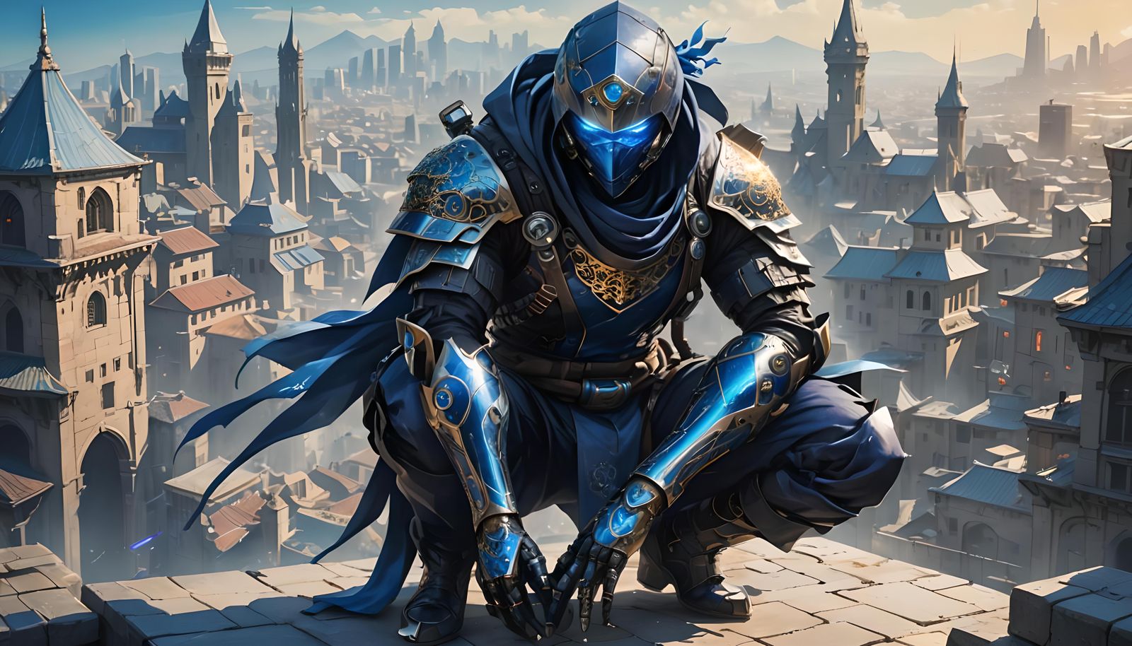 Sapphire Robot Ninja Crouching in Cyberpunk City