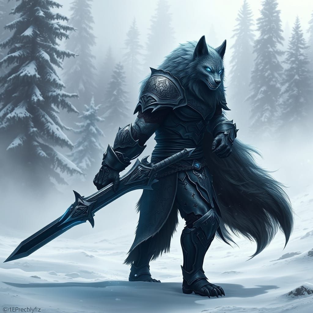 Cyberpunk Fantasy Warrior in Snowy Forest