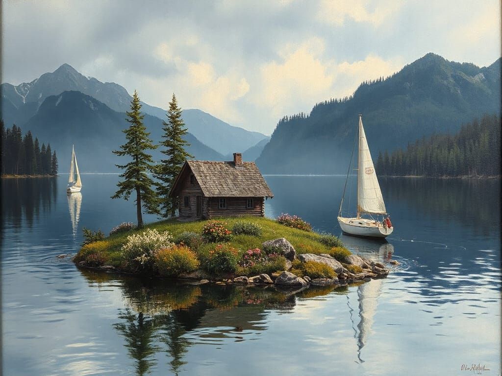 Serene Lake Landscape in Aged Oil Painting Style