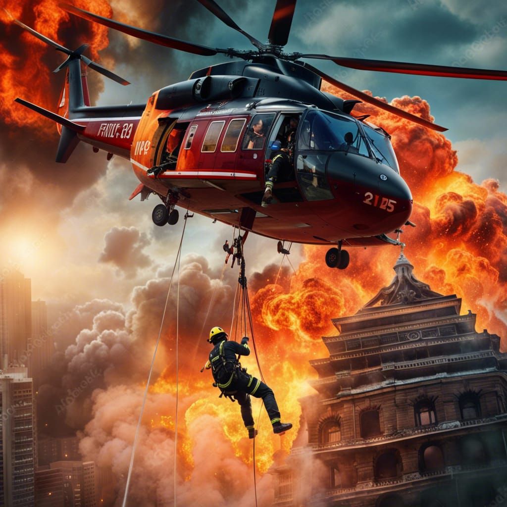 Firefighters Rescue Boy From Burning Tower in Matte Painting...
