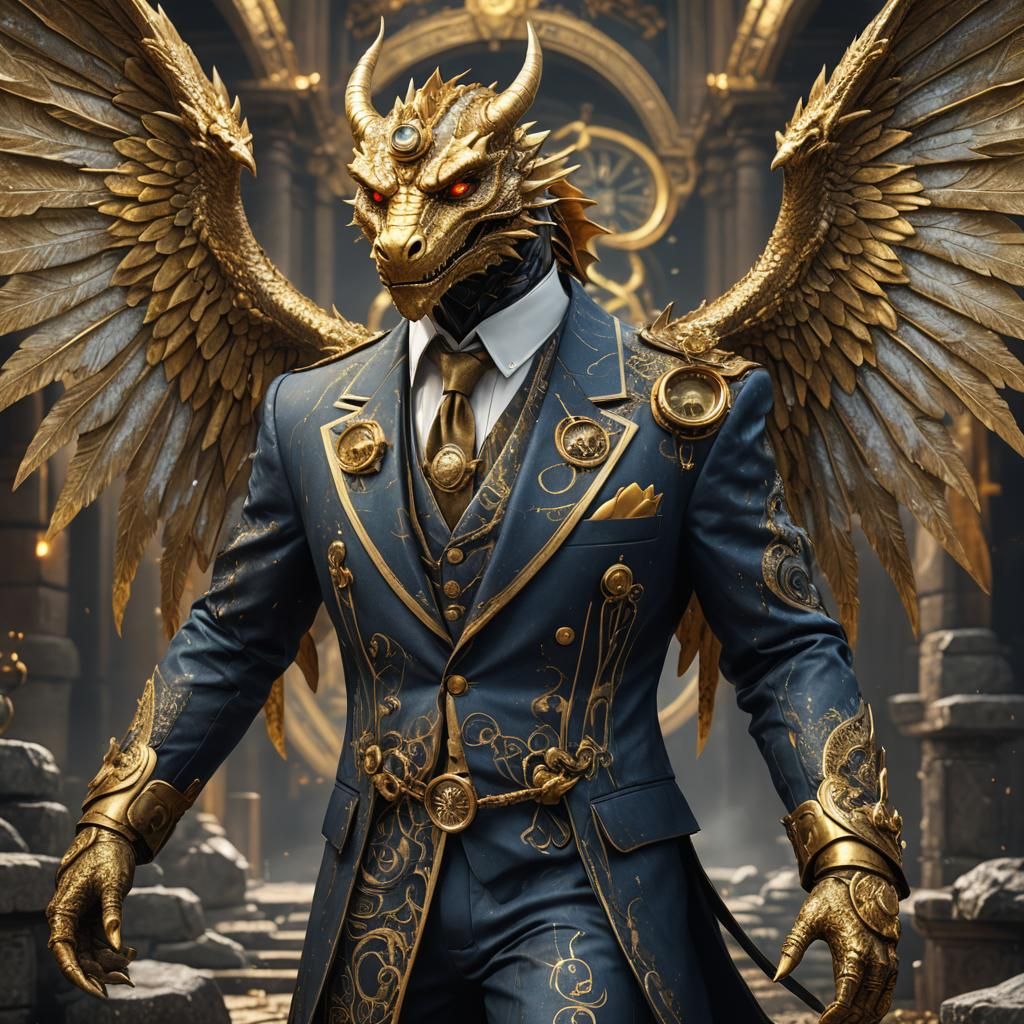 Gold Dragonborn with Angelic Wings in Suit