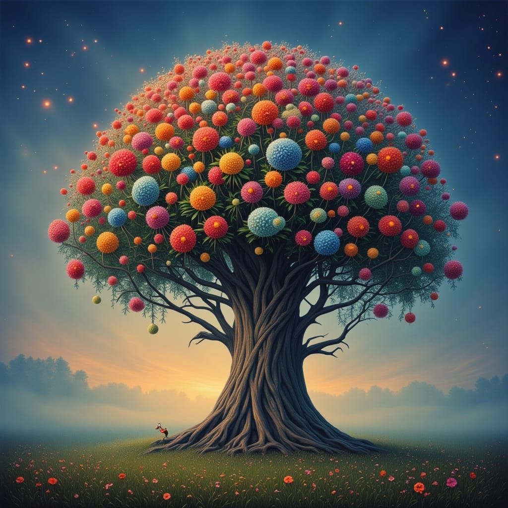 Magical Blooming Tree in Misty Meadow Digital Painting