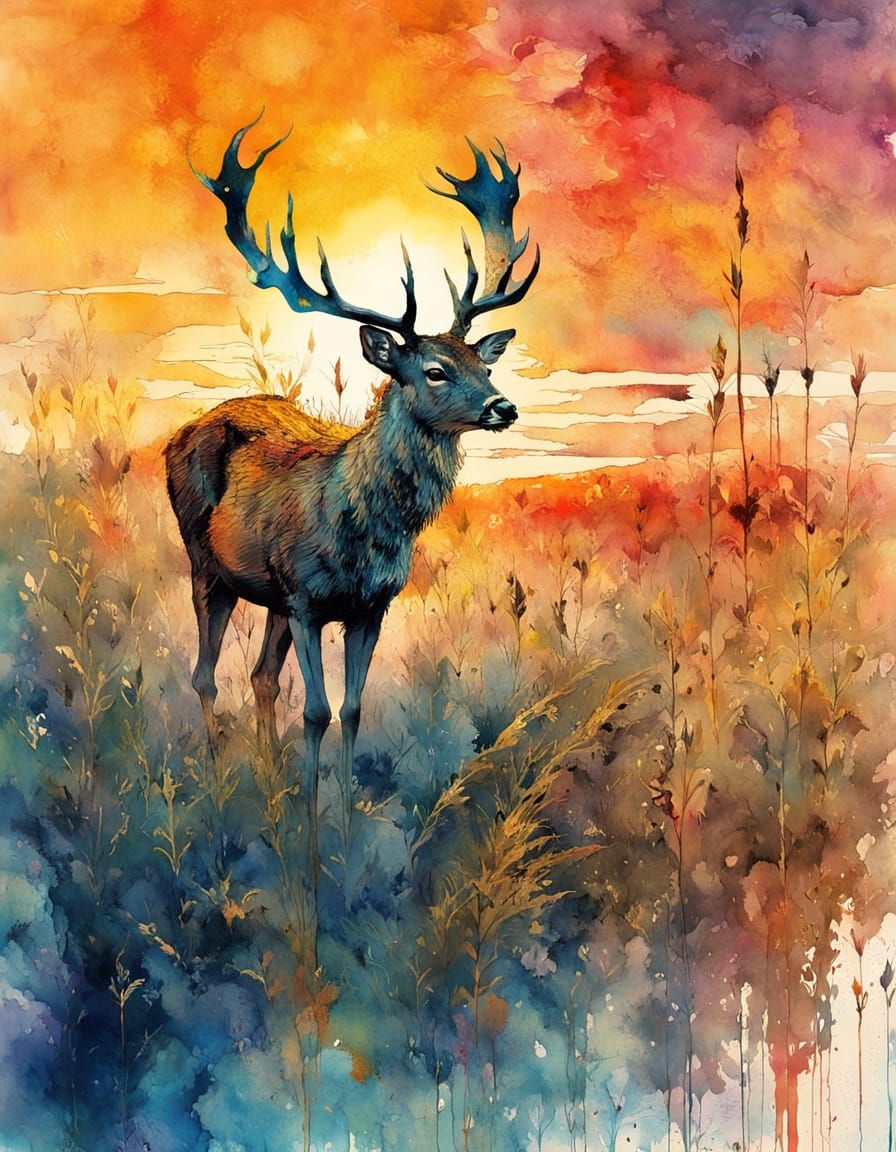 Vibrant Sunset Deer in a Cornfield Watercolor Masterpiece