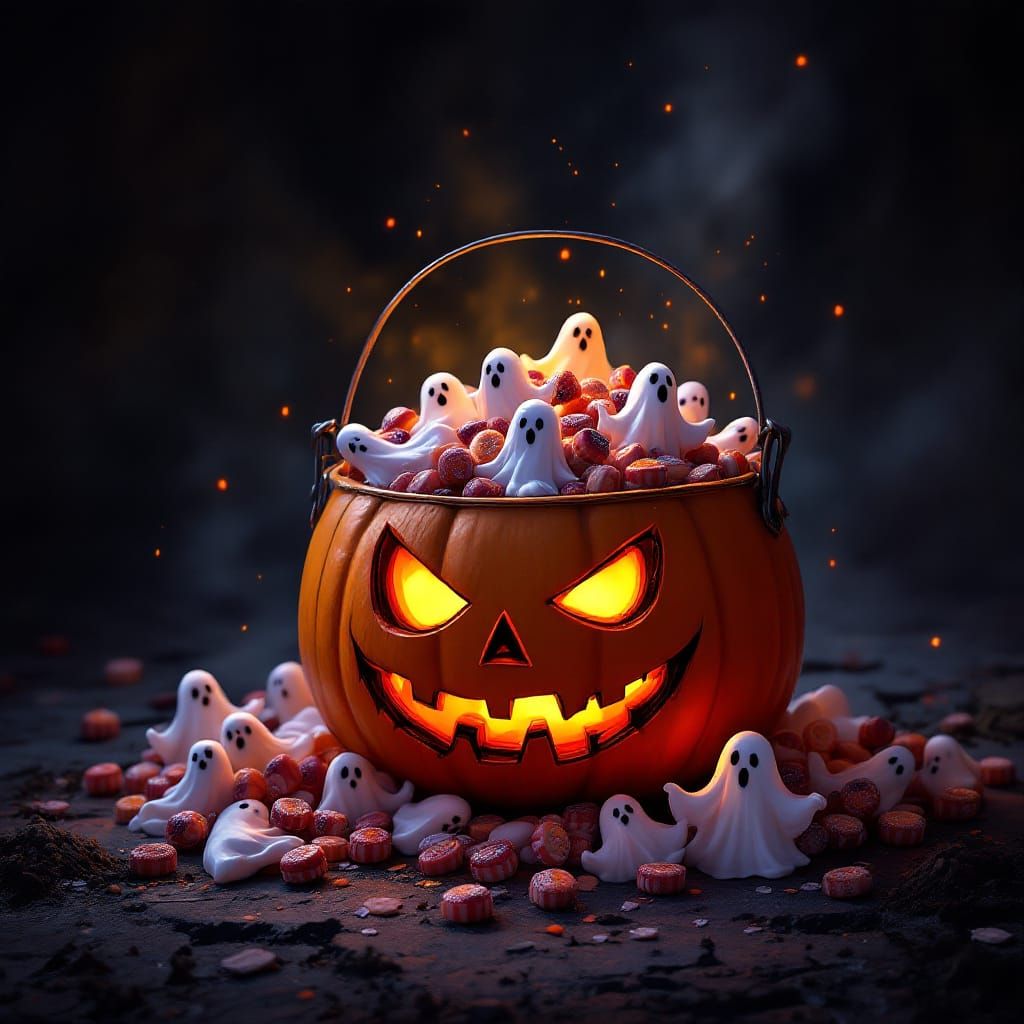 Halloween Pumpkin Bucket Overflowing with Ghost Candies