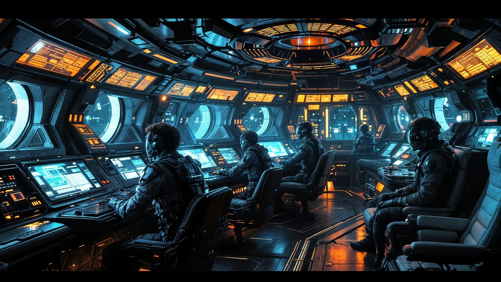 A hyper realistic bridge of a gritty sci-fi space freighter ...