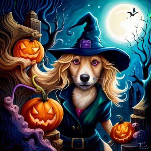 Halloween Witch Dog in Tim Burton Style