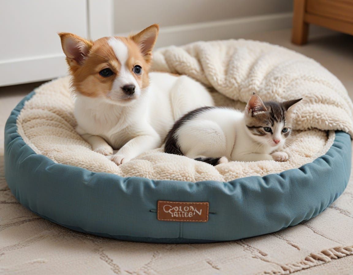 Dog Watches Kitten Sleep in Dog Bed