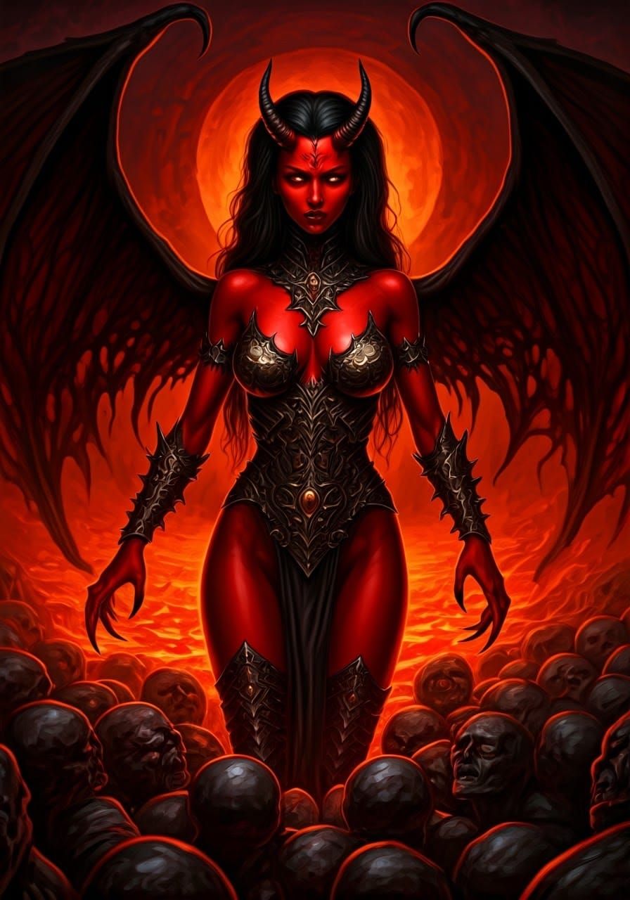 Red-Skinned Demon Tormenting Souls in Hell