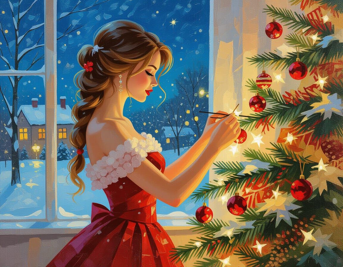 Festive Girl Decorates Christmas Tree in Cozy Winter Scene