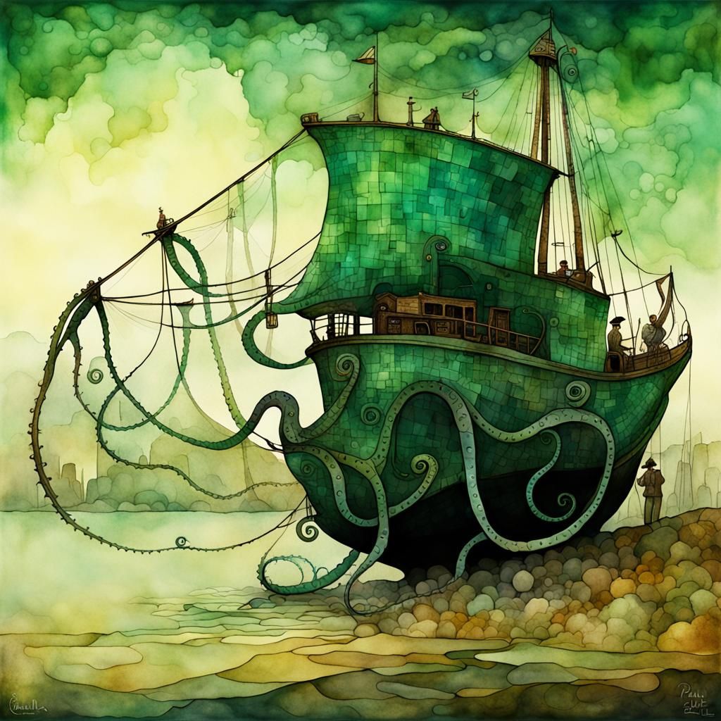 Steampunk Octopus Ship in Emerald Gradient