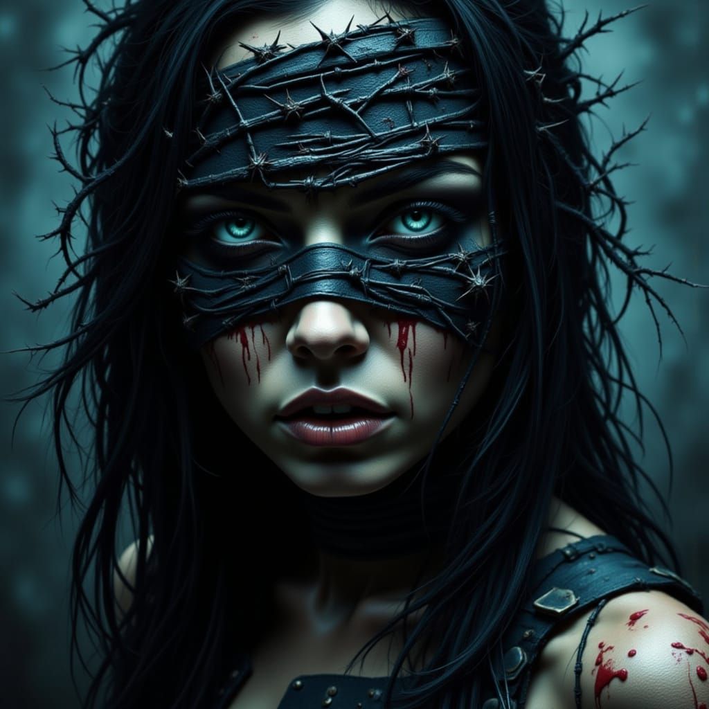 Woman's Face Obscured by Bloody Bandages and Thorns