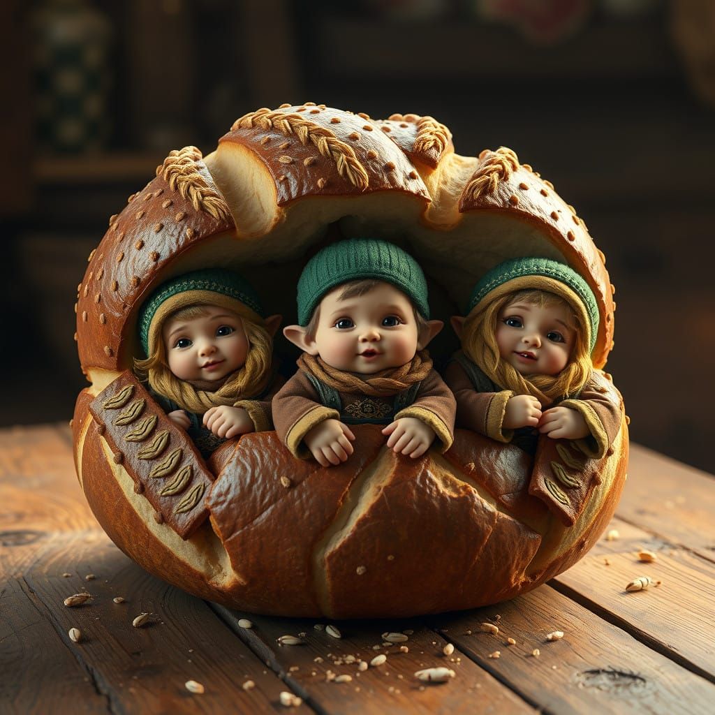Whimsical Dwarves Emerge from a Giant Bread Loaf in a Fantas...