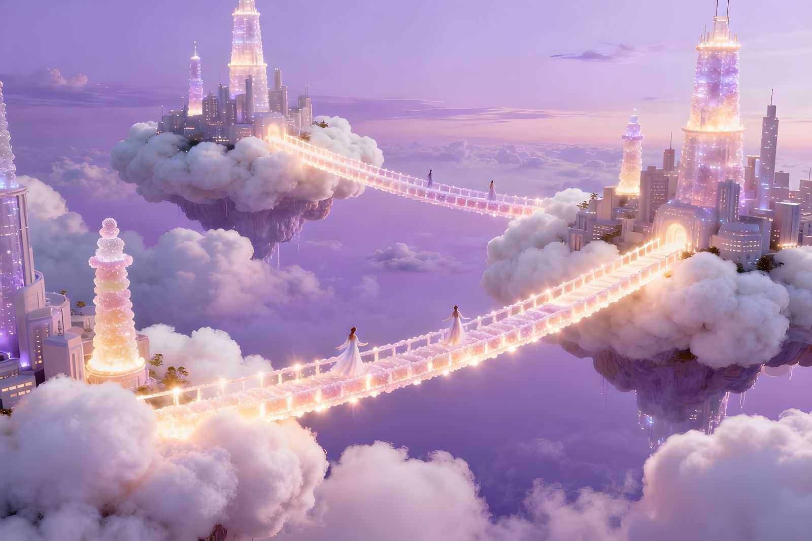 Pastel Dream of Floating Cities in Lavender Skies