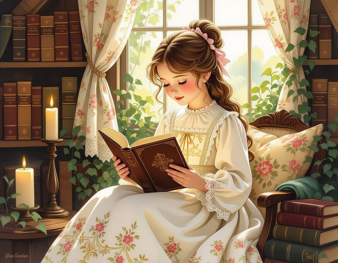 Belle Reading in Candlelit Cottage, Watercolor Style