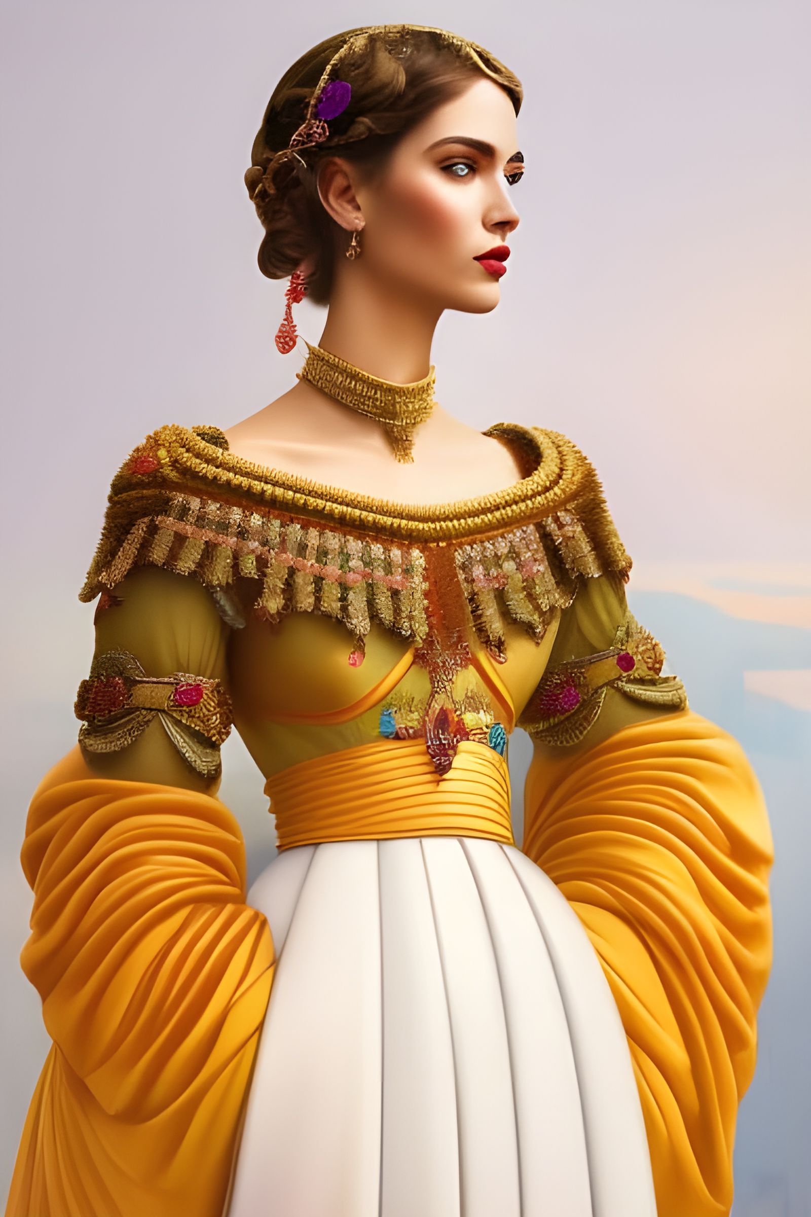 Retro Girl in Orange Velvet Dress, Art Deco Portrait