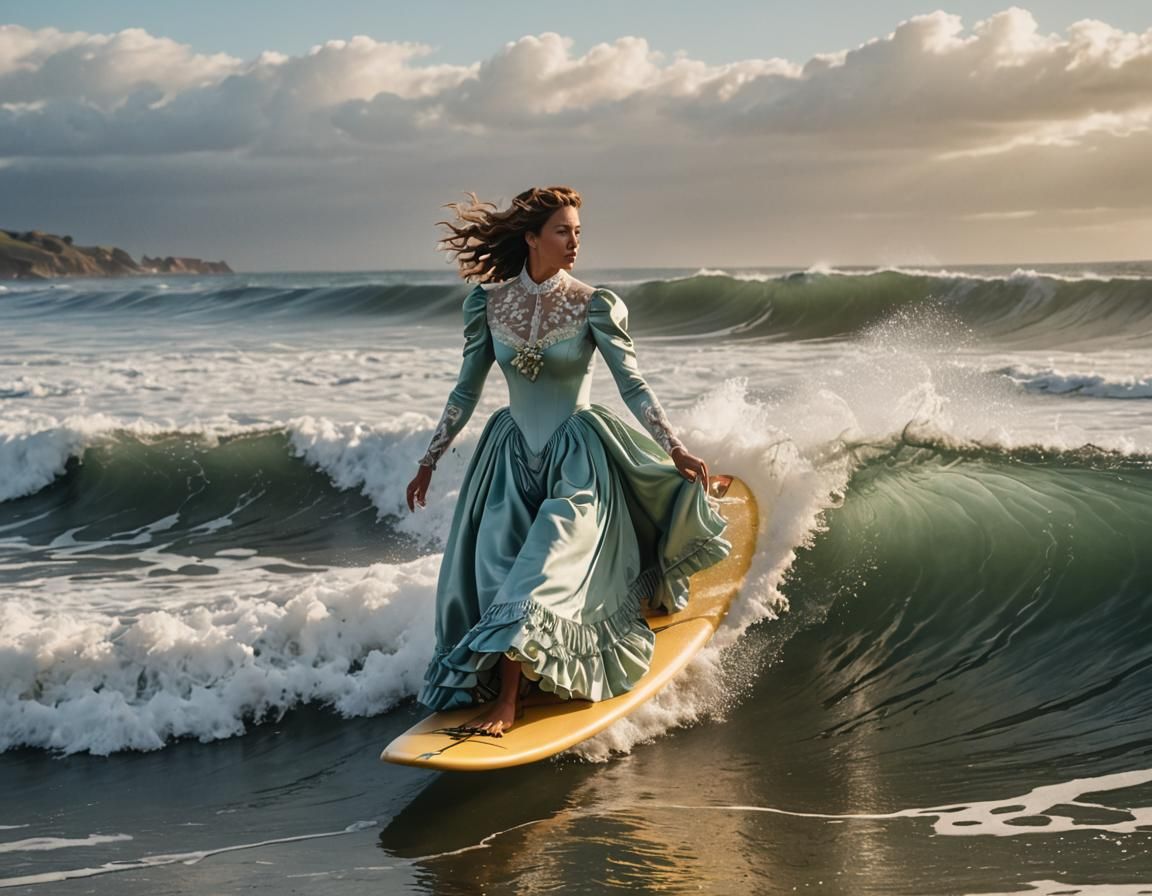 Victorian Woman Surfing a California Wave