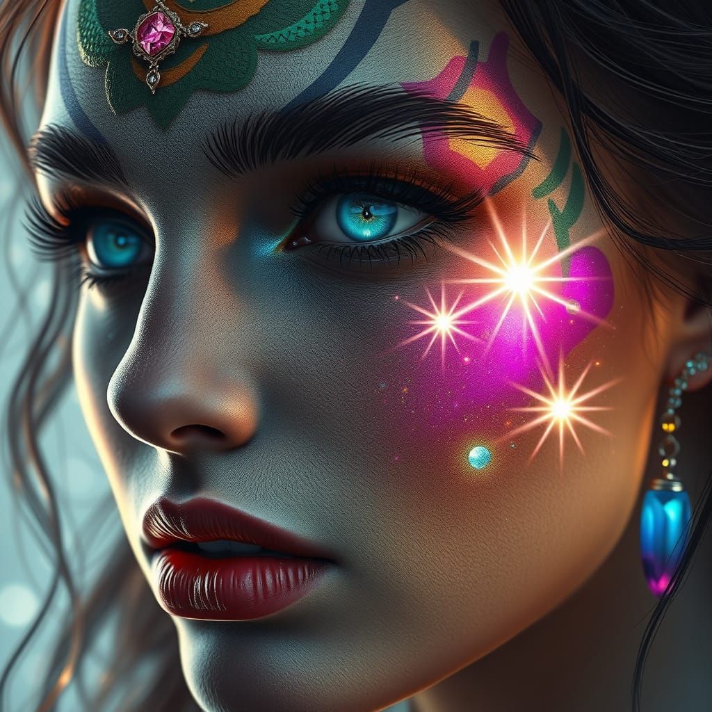 Harmonious Camouflage Face with Jewels and Stars