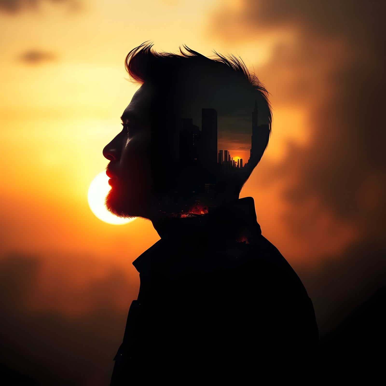 Post-Apocalyptic Double Exposure: Cityscape Silhouette