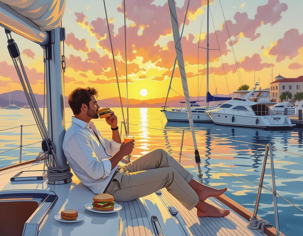 Sailor at Sunset: Watercolor Art in Marina