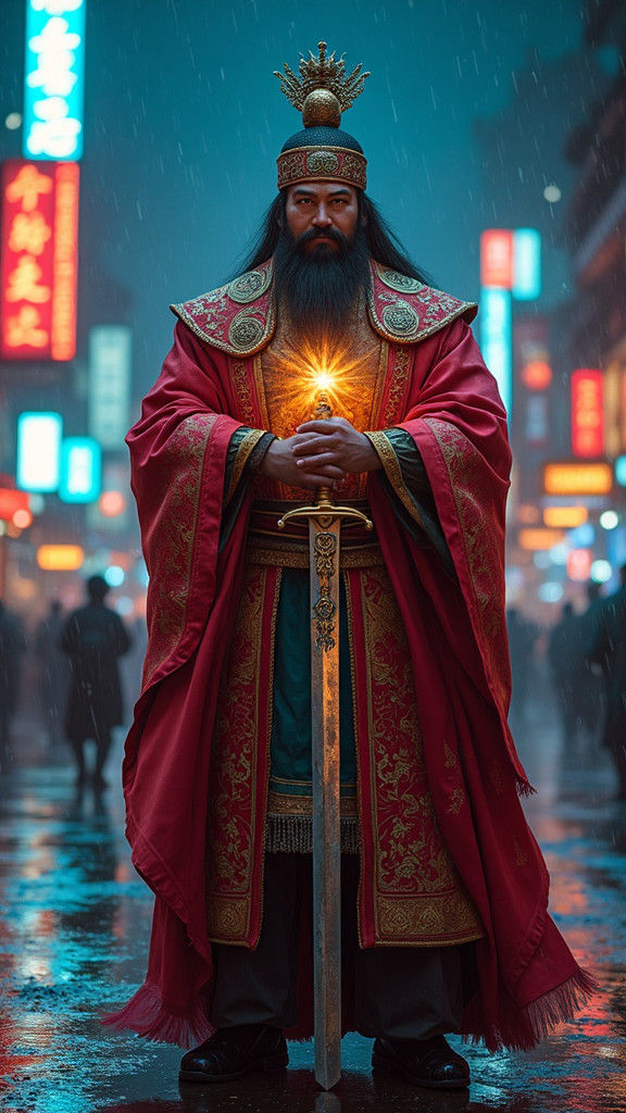 Zhong Kui Confronts Evil Spirit in Neon Cityscape