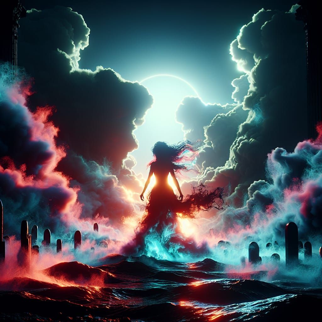 Fierce Woman Silhouette Framed by Stormy Sea