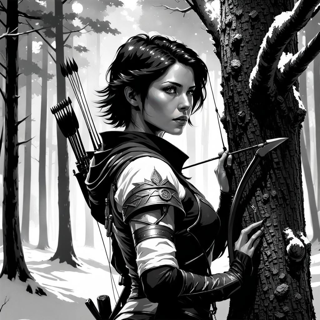 Female Archer in Forest: Black and White Matte Painting