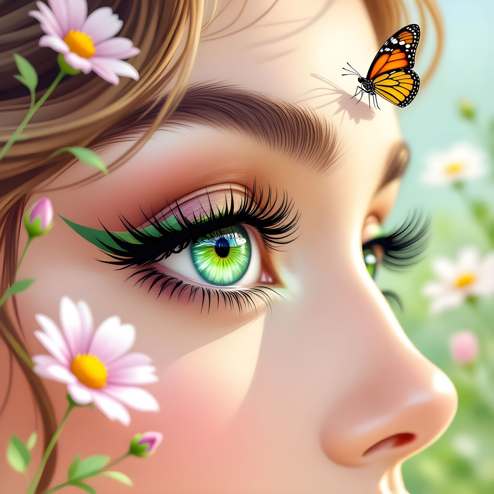 Green Eye Reflecting Butterfly: Watercolor Art Nouveau Style