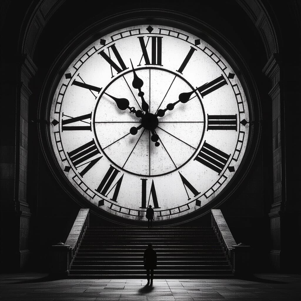 Enormous Roman Numeral Clock in Surreal Black and White
