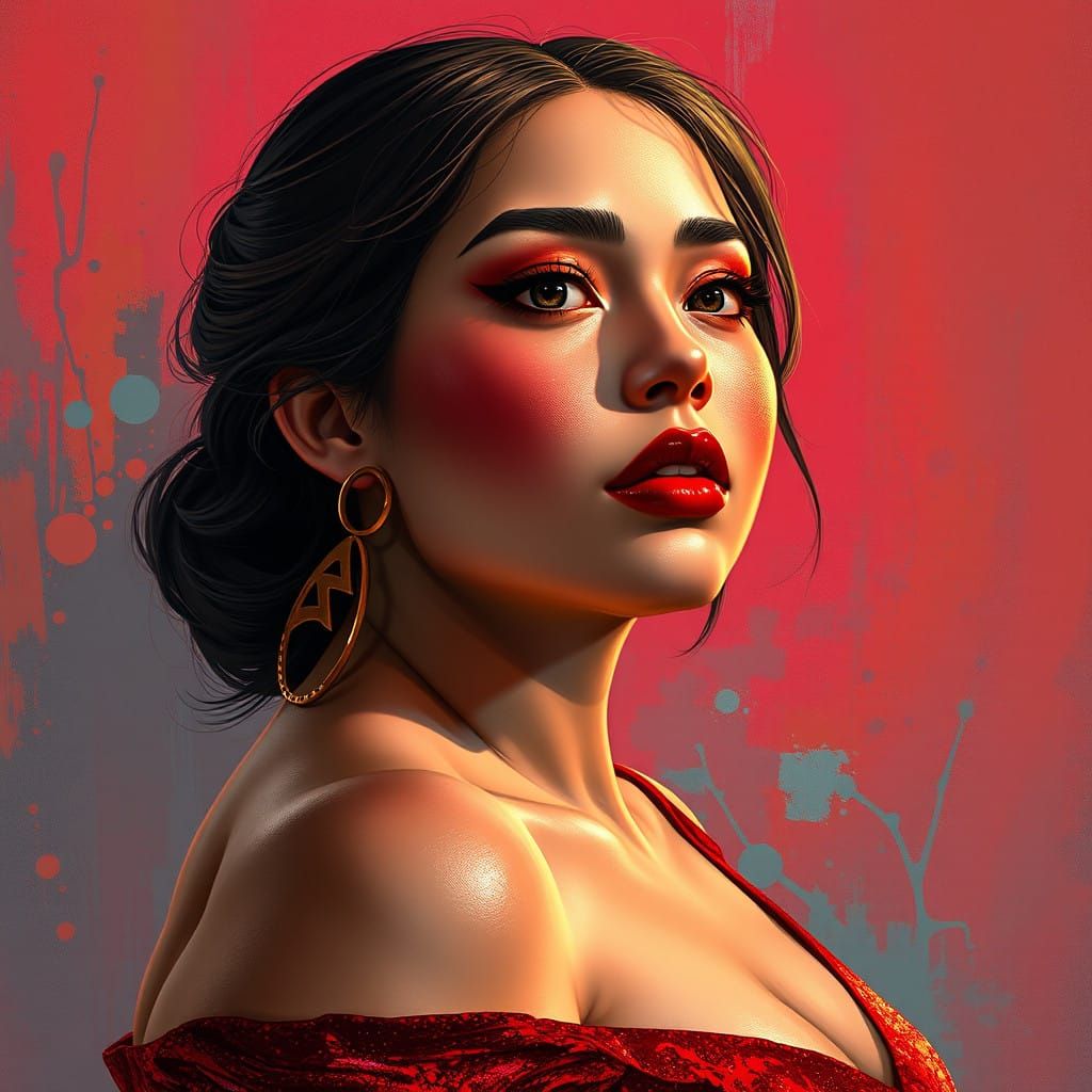 Hyperrealistic Chubby Woman with Bold Dark Red Makeup and Re...