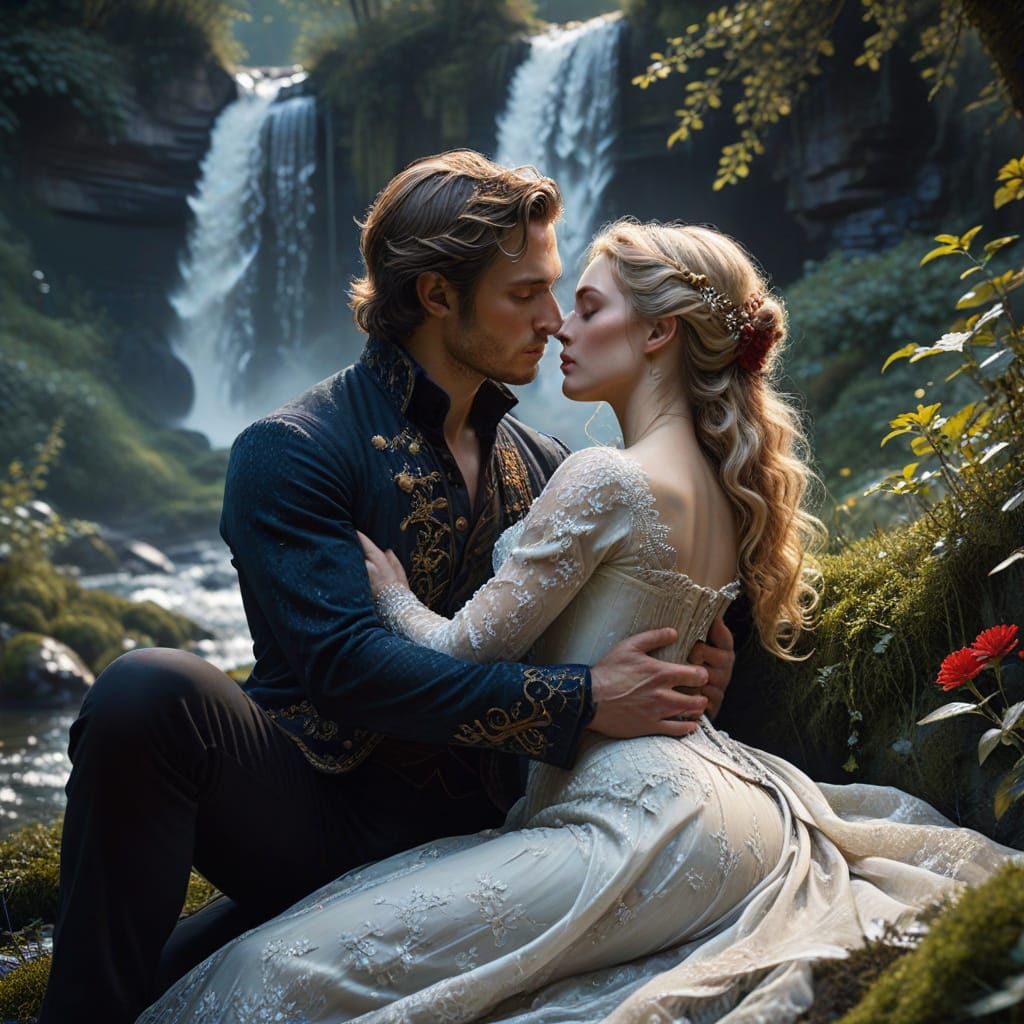 Romantic Couple Kissing by Waterfall Lake Under Milky Way