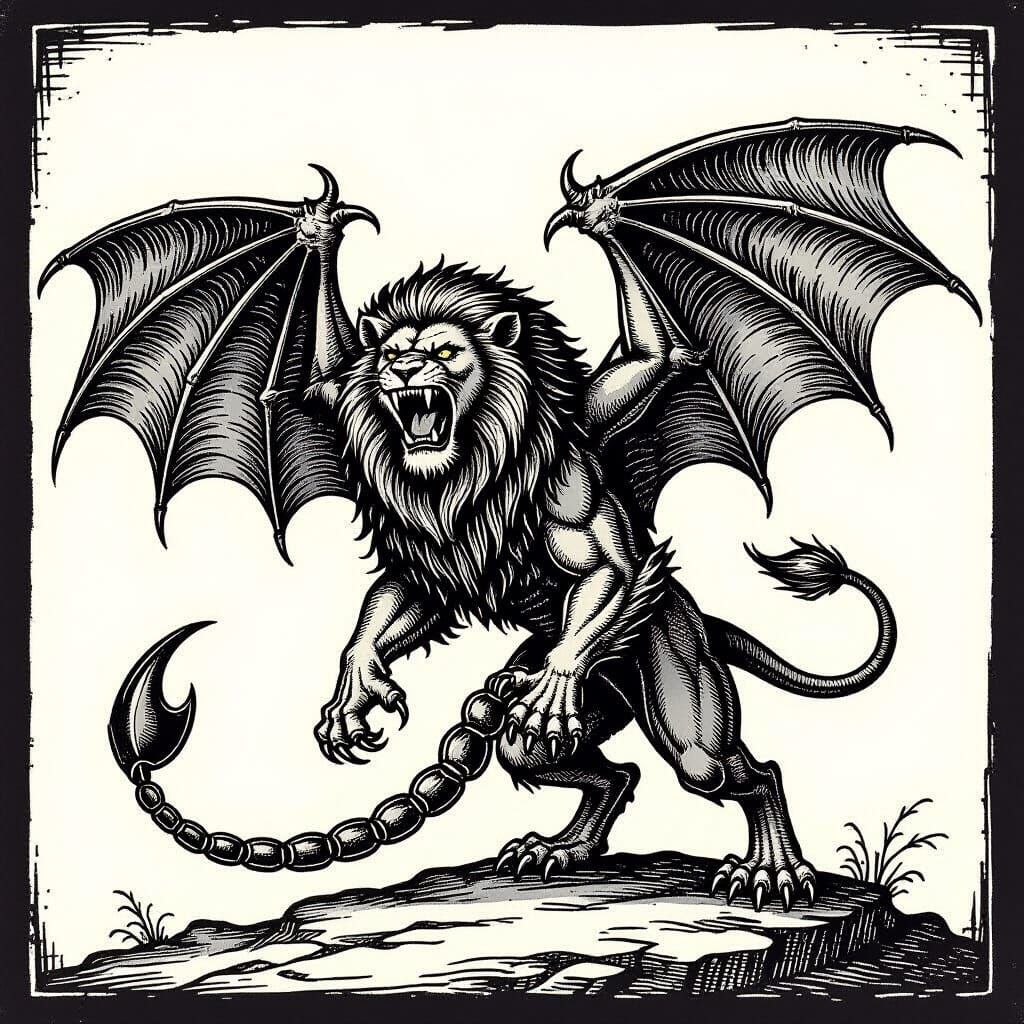 Medieval Woodcut Lion with Bat Wings and Scorpion Tail