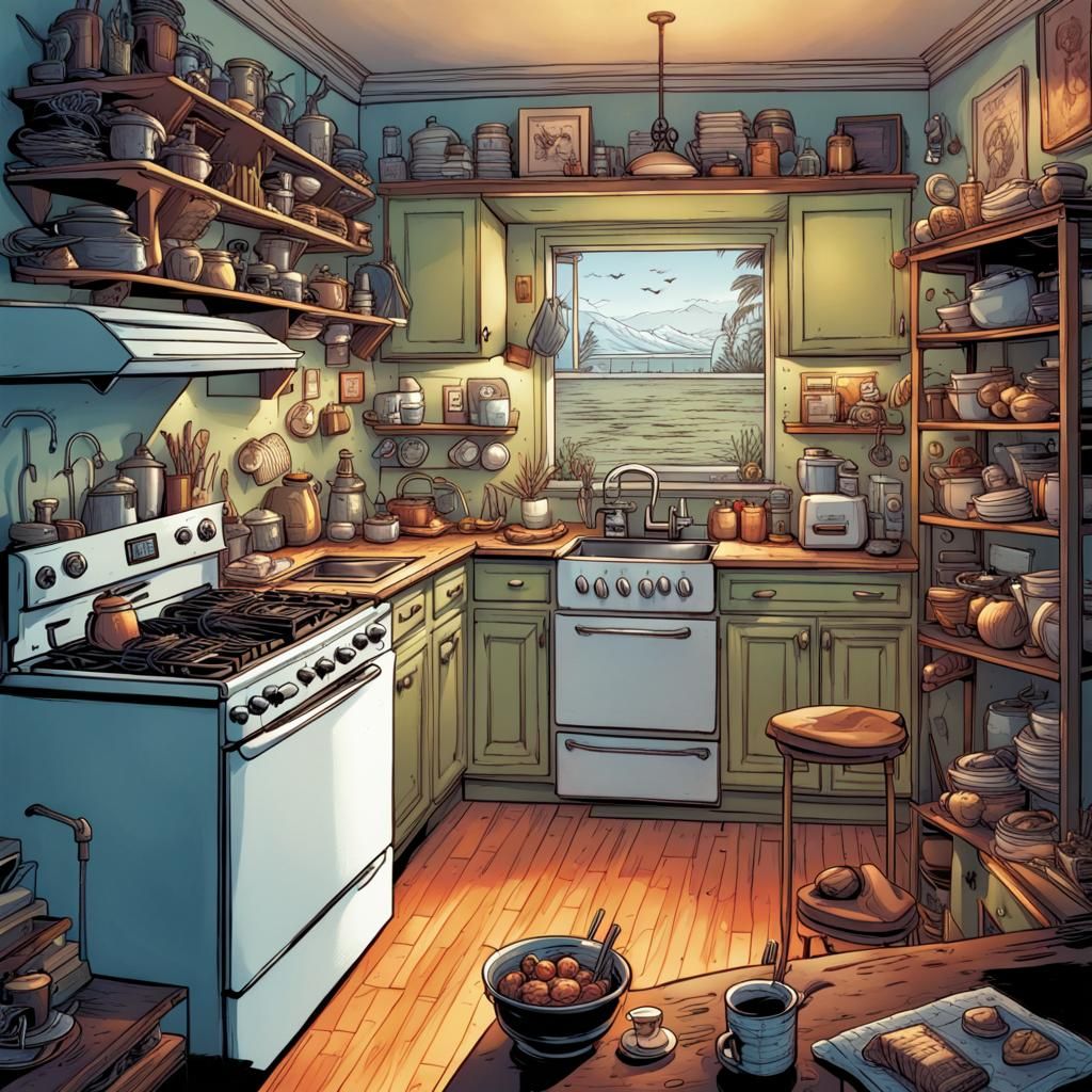Living Room Kitchen in Comic Book Style
