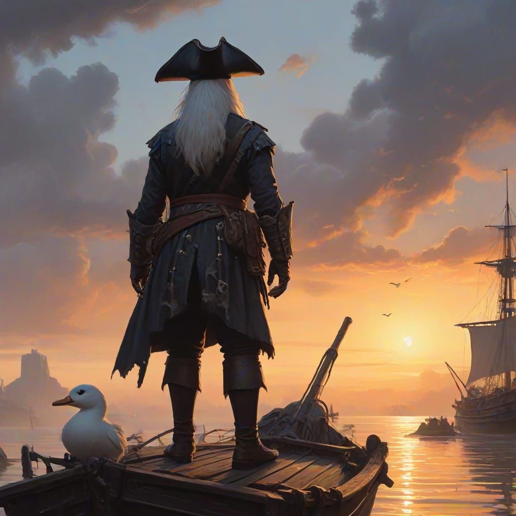 Ghost Pirate and Gigantic Duck in Gouache Painting