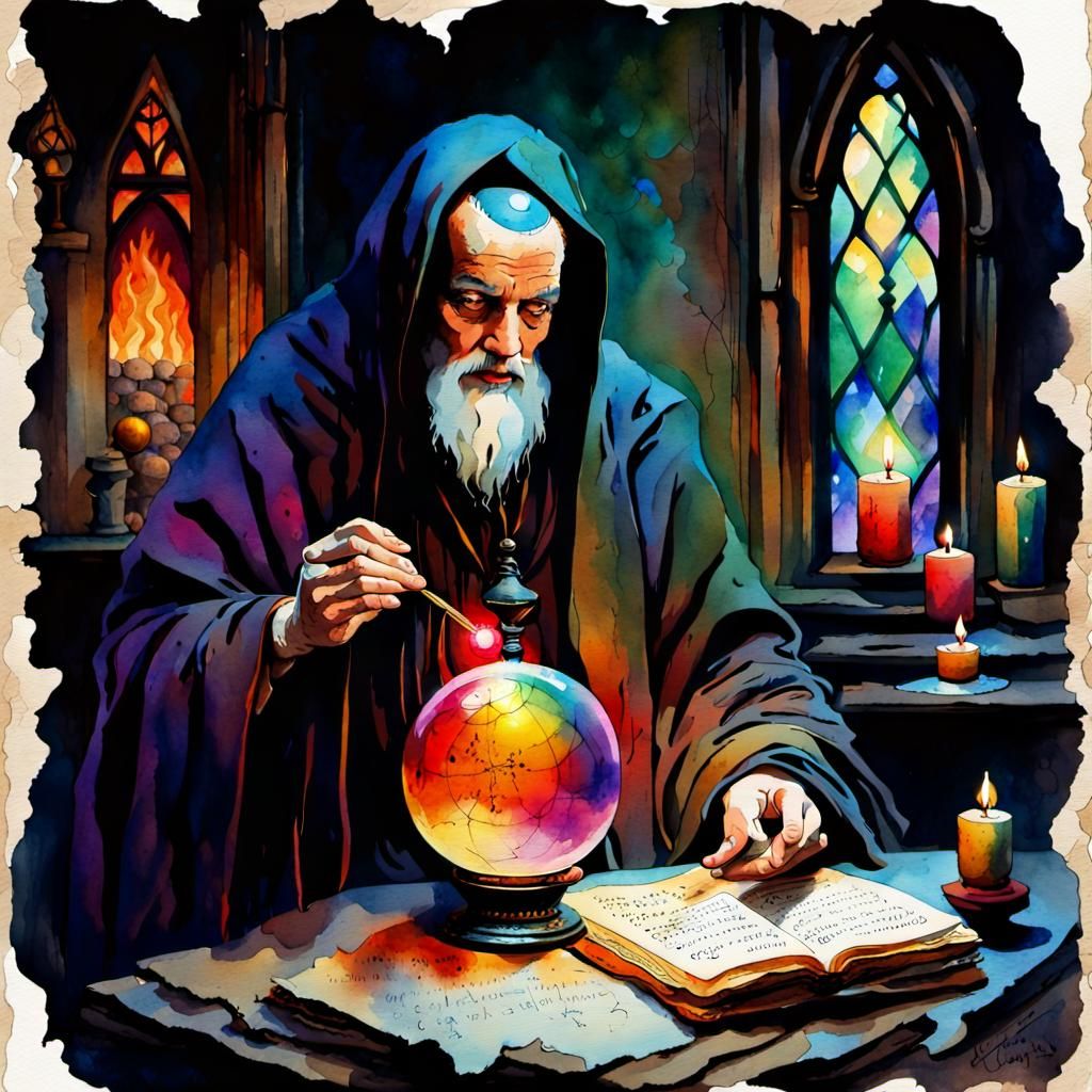 Gothic Monk Soothsayer with Glass Orb in Watercolor